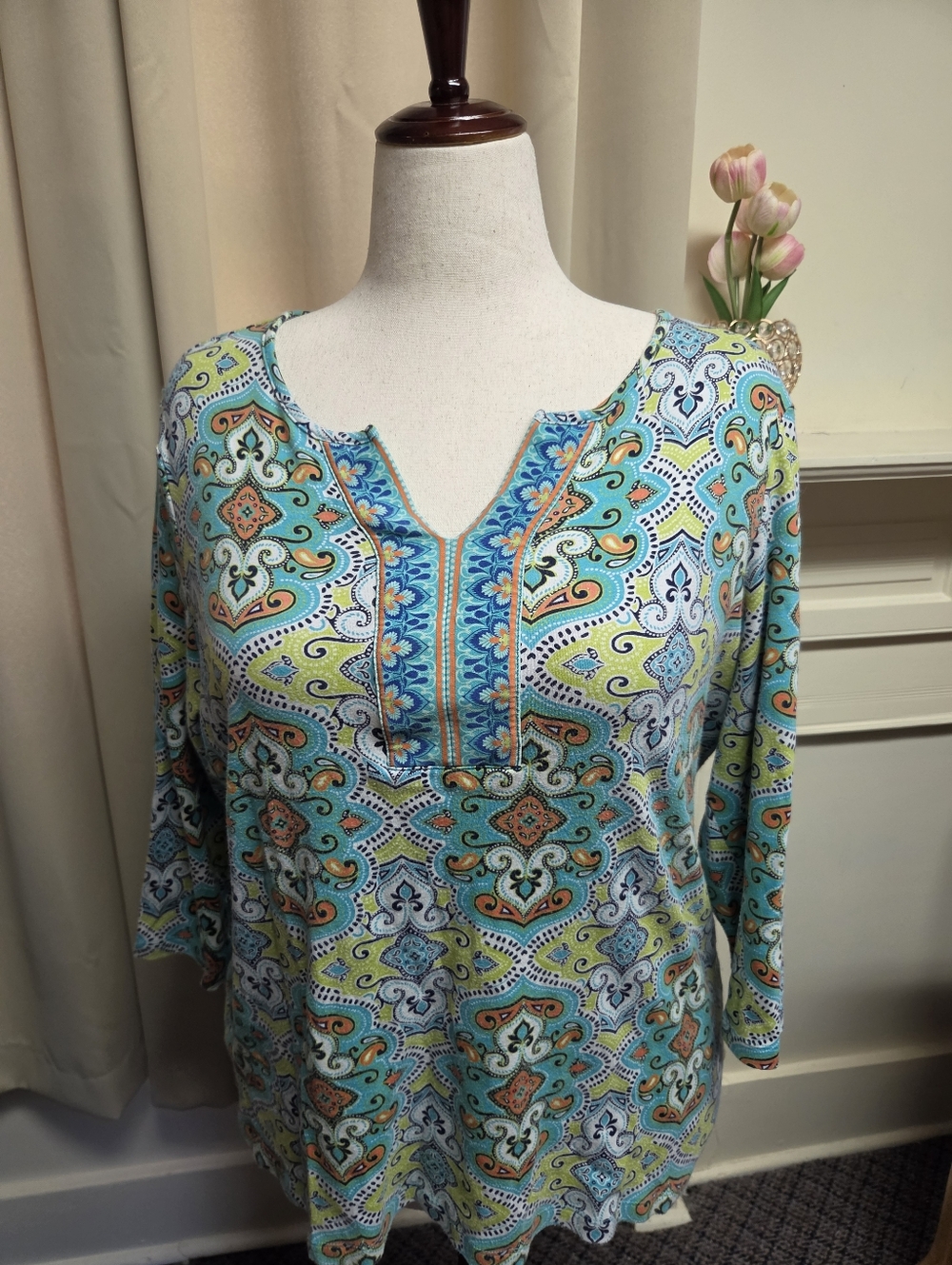 Kim Rogers Turquoise Paisley Split V-Neck Tunic DIXE XL